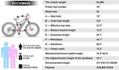 ROCKSHARK 26” Snow Beach Mountain Electric Bike for Adults, Men Women, 500w Electric Bike, Shimano Aluminum Ebike, Electric Mountain Bicycle, Fat tire e-Bike, Blue