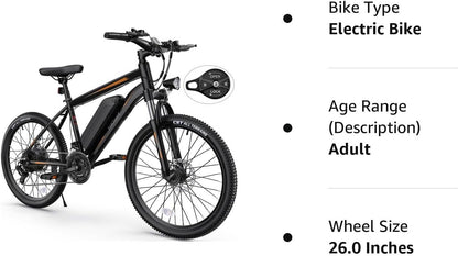 Electric Bike for Adults 26'' Ebike with 350W Motor, 19.8MPH Electric Mountain Bike with Lockable Suspension Fork, Removable 36V 374Wh Battery, Shimano 21 Speed Gears