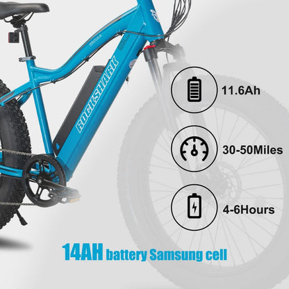 ROCKSHARK 26” Snow Beach Mountain Electric Bike for Adults, Men Women, 500w Electric Bike, Shimano Aluminum Ebike, Electric Mountain Bicycle, Fat tire e-Bike, Blue