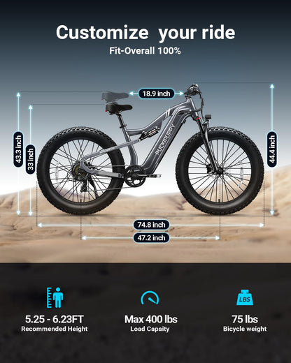 PUCKIPUPPY Electric Bike for Adults 1000W 48V 20Ah Samsung Cells Battery 26" Fat Tire Full Suspension Ebike Grey