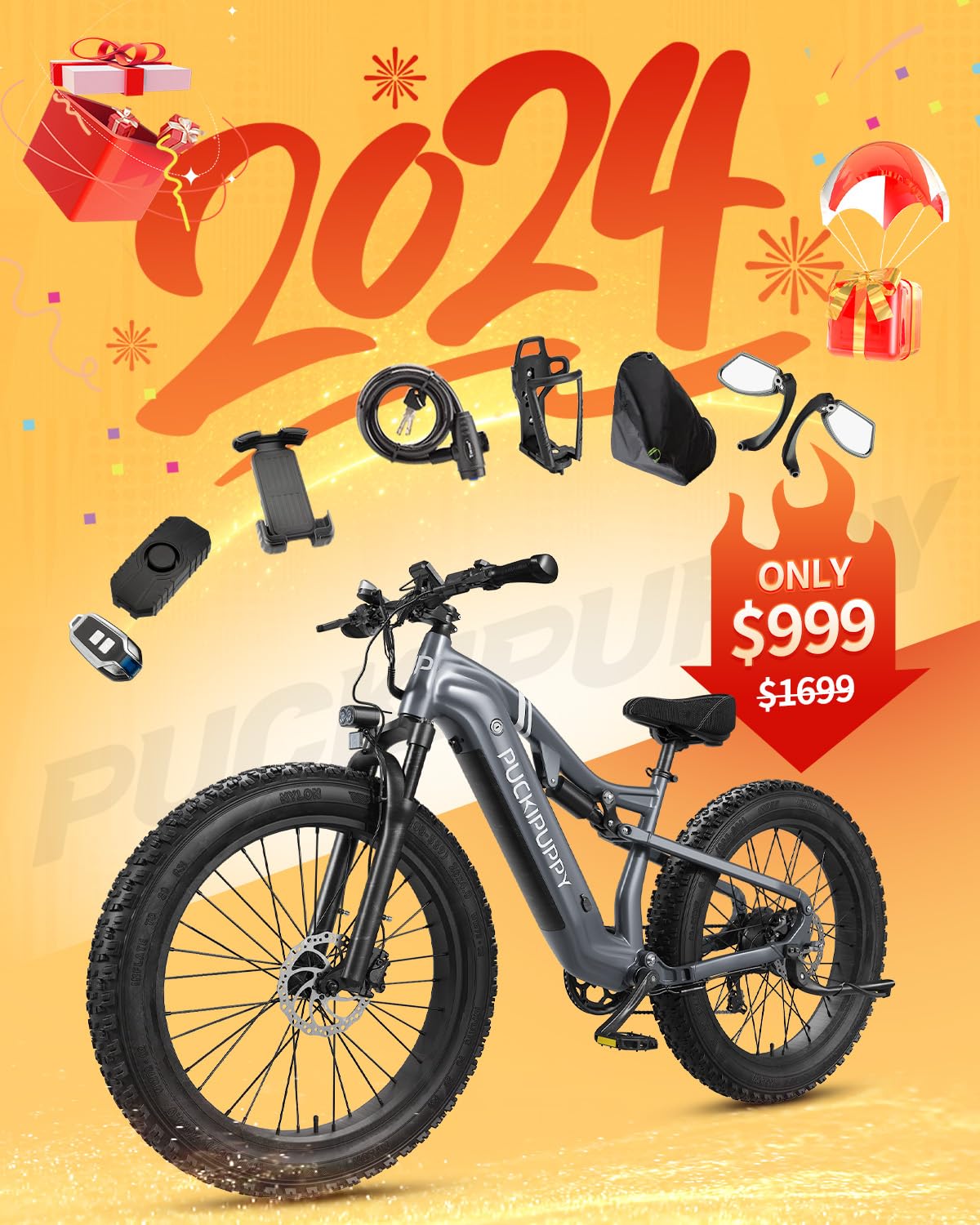 PUCKIPUPPY Electric Bike for Adults 1000W 48V 20Ah Samsung Cells Battery 26" Fat Tire Full Suspension Ebike Grey
