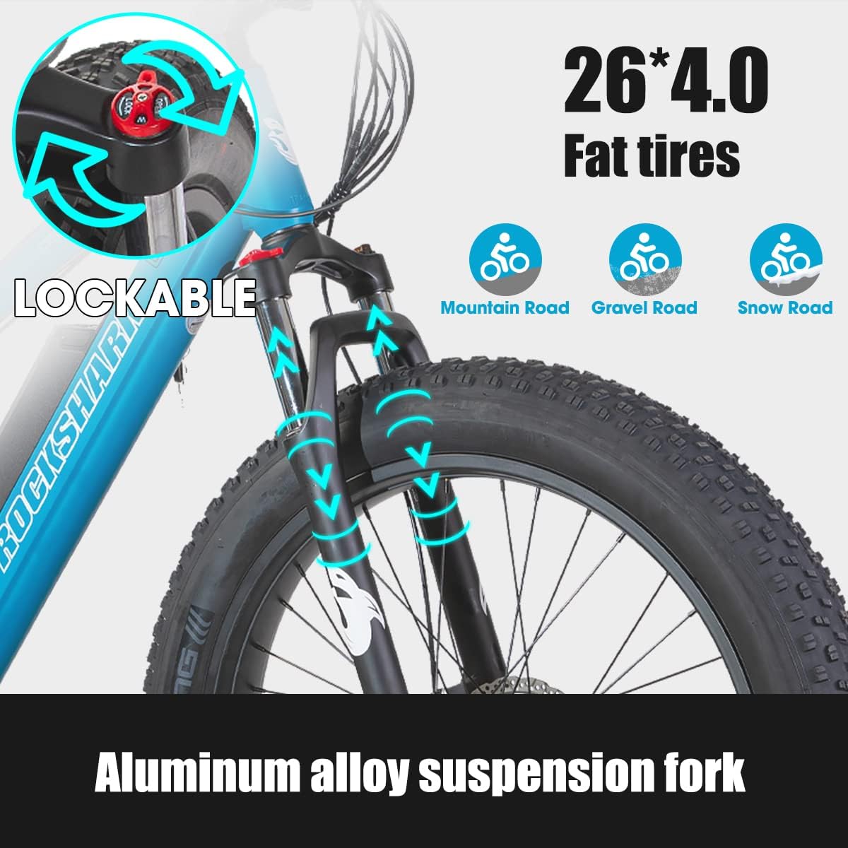 ROCKSHARK 26” Snow Beach Mountain Electric Bike for Adults, Men Women, 500w Electric Bike, Shimano Aluminum Ebike, Electric Mountain Bicycle, Fat tire e-Bike, Blue
