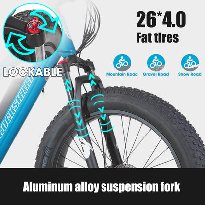 ROCKSHARK 26” Snow Beach Mountain Electric Bike for Adults, Men Women, 500w Electric Bike, Shimano Aluminum Ebike, Electric Mountain Bicycle, Fat tire e-Bike, Blue