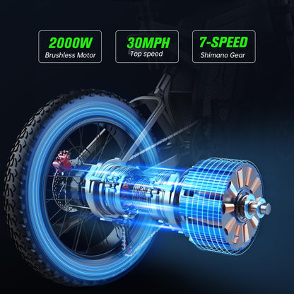 EKXBIKE X20 Electric Bike for Adults 2000W 35AH Off Road Snow Urban Commuter Ebike 20" Fat Tire Mountain Bicycle, 34MPH, 7-Speed, Hydraulic Oil Brake, Electric Dirt Bike with Removable Battery