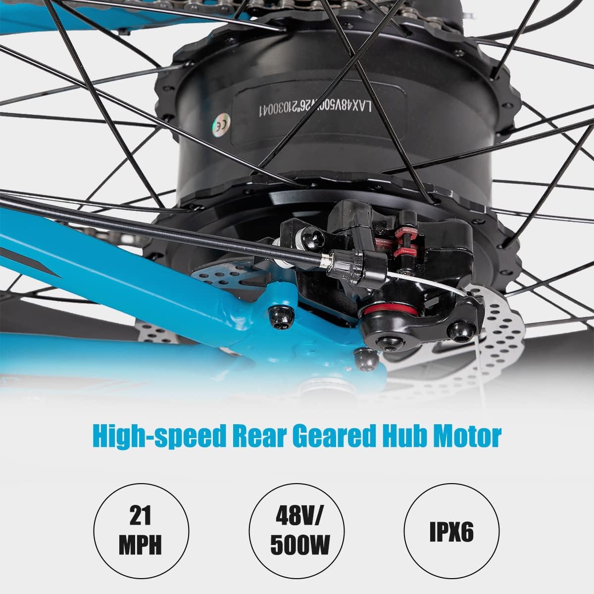 ROCKSHARK 26” Snow Beach Mountain Electric Bike for Adults, Men Women, 500w Electric Bike, Shimano Aluminum Ebike, Electric Mountain Bicycle, Fat tire e-Bike, Blue