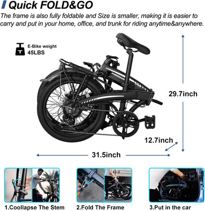 Hiland ROCKSHARK 20 inch Folding Electric Bike for Adults Teens with 250W Motor, 36V 7.8AH Removable Battery&Shimano 7-Speed Electric Bicycles,Urban Ebike for Men Women