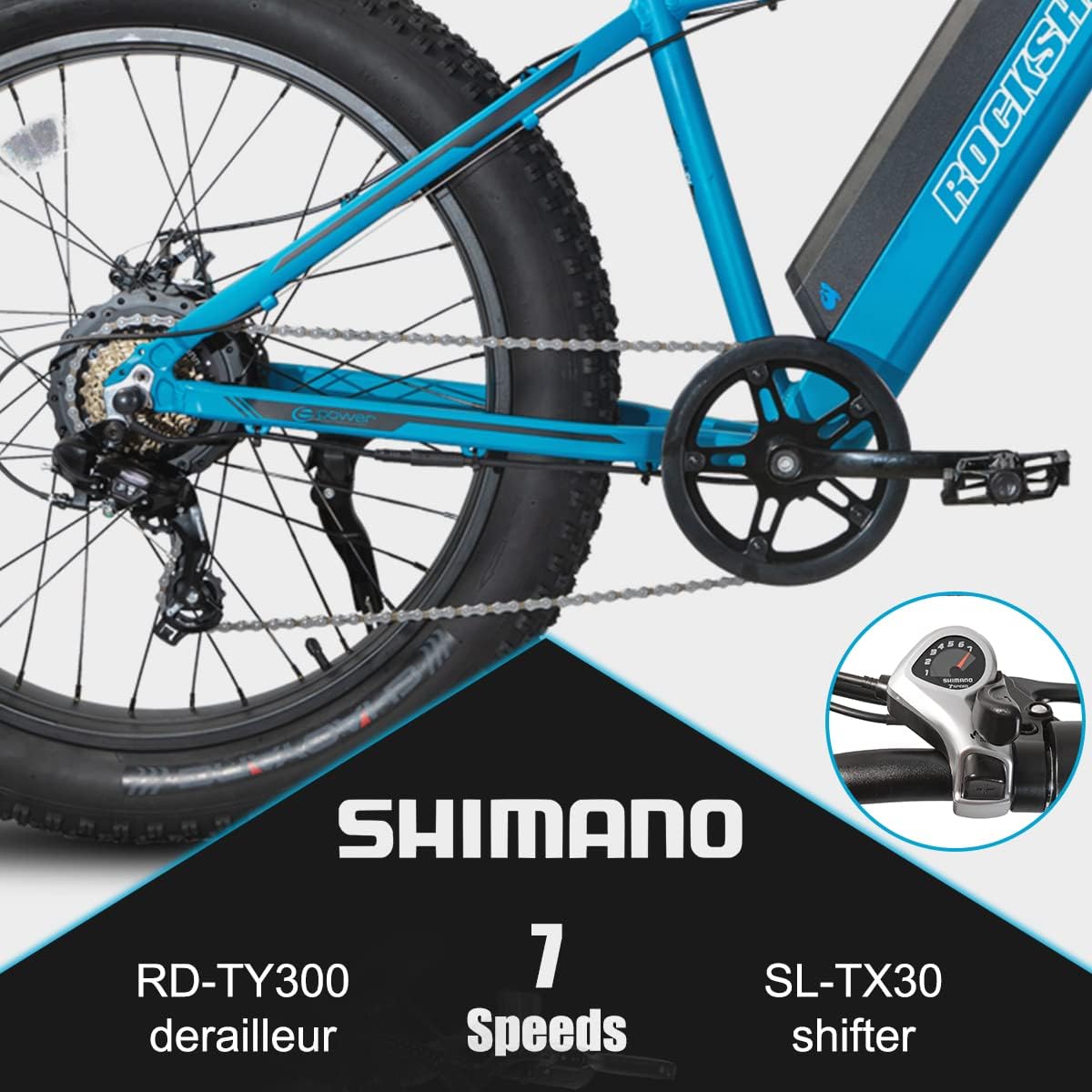 ROCKSHARK 26” Snow Beach Mountain Electric Bike for Adults, Men Women, 500w Electric Bike, Shimano Aluminum Ebike, Electric Mountain Bicycle, Fat tire e-Bike, Blue