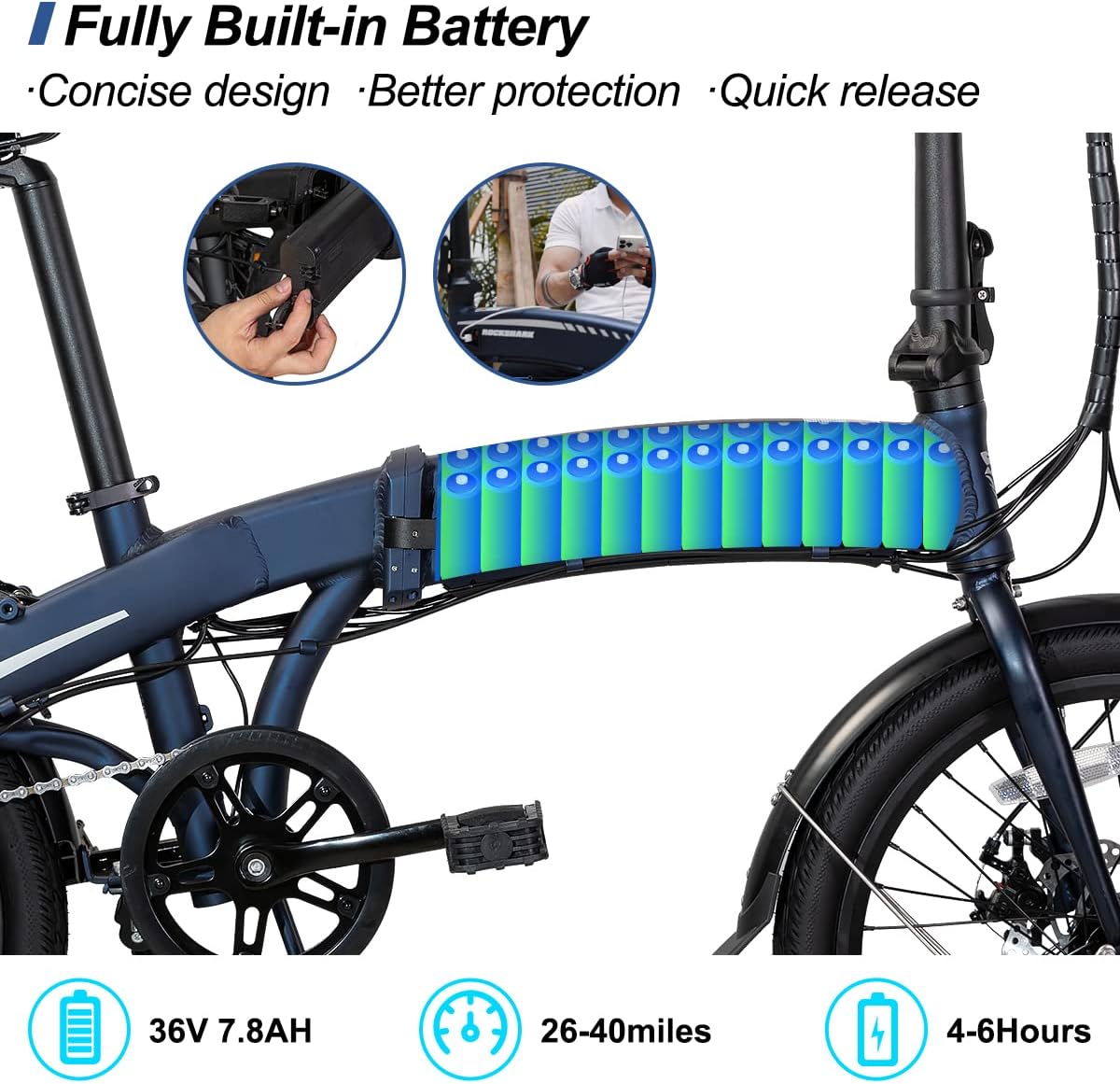 Hiland ROCKSHARK 20 inch Folding Electric Bike for Adults Teens with 250W Motor, 36V 7.8AH Removable Battery&Shimano 7-Speed Electric Bicycles,Urban Ebike for Men Women