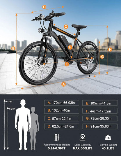 Electric Bike for Adults 26'' Ebike with 350W Motor, 19.8MPH Electric Mountain Bike with Lockable Suspension Fork, Removable 36V 374Wh Battery, Shimano 21 Speed Gears