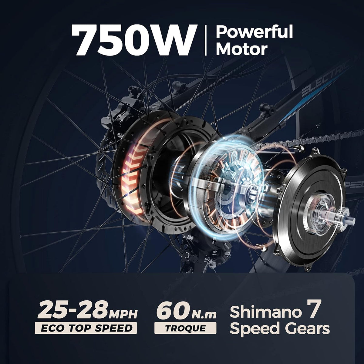 750W Electric Mountain Bike for Adults 26 inch Fat Tire Electric Bikes with 48V 15AH Battery, Eahora Full Air Suspension and Hydraulic Brake E-bike for Man, Color Display with USB Shimano 7-Speed