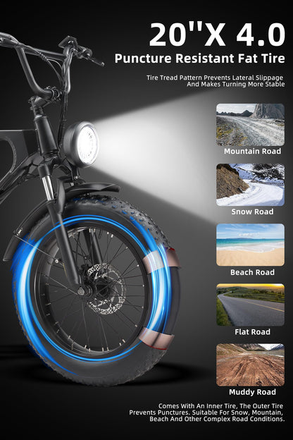 MEELOD Electric Bike for Adults with 750W Brushless Motor 28MPH Commuting Electric Mountain Bike 48V Removable Battery 12V LED Headlight 4.0 Fat