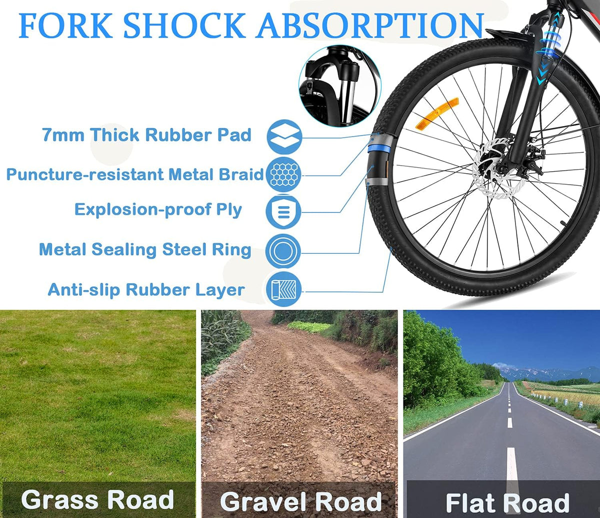 26" Electric Bike for Adults Electric Mountain Bike for Men Women with Suspension Fork/375Wh Removable Battery, Fat Tire Electric City Bicycle Electric Commuter Bike for Adults Off Road Trek Ebike