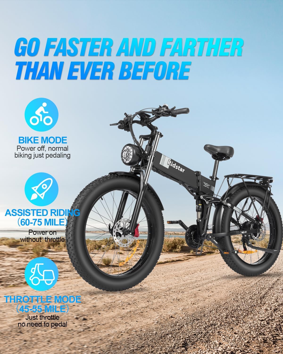 Ridstar Foldable Electric Bike for Adults,2000W 26'' Fat Tire Electric Bicycle, 48V 20AH Removable Battery,Dual Suspension Ebike