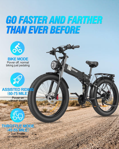 Ridstar Foldable Electric Bike for Adults,2000W 26'' Fat Tire Electric Bicycle, 48V 20AH Removable Battery,Dual Suspension Ebike