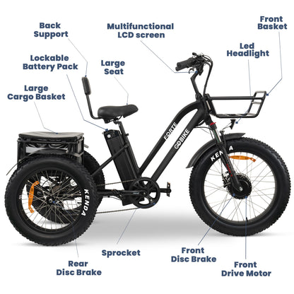 Electric Trike for Adults, 3 Wheel Motorized Bicycle, Long Range Adult Tricycle, Black