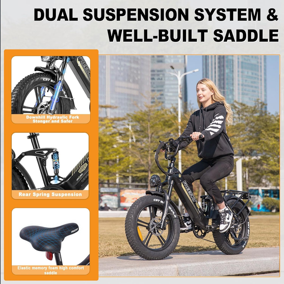 FREESKY Electric Bike for Adults 𝟏𝟐𝟎𝟎𝐖 Motor 48V 𝟐𝟎𝐀𝐡 Samsung Cells Battery Full Suspension Dual Hydralic Brakes 4.0×20” Fat Tires Electric Bicycle,Step-Thru up to 28+MPH &90Miles E Bike