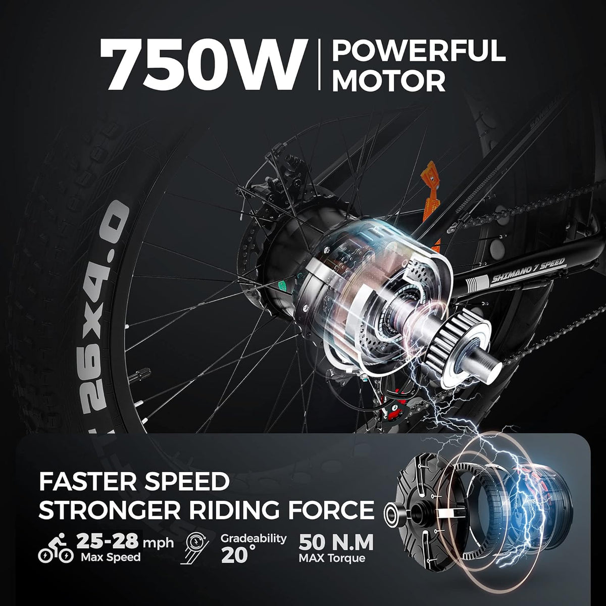 750W 26 inch Fat Tire Electric Bike for Adults 48V 14.5AH Battery Electric Mountain Bike, LCD Display with USB Urban E-bike with Front Suspension, 7-Speed Gears