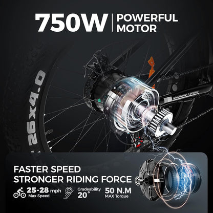 750W 26 inch Fat Tire Electric Bike for Adults 48V 14.5AH Battery Electric Mountain Bike, LCD Display with USB Urban E-bike with Front Suspension, 7-Speed Gears